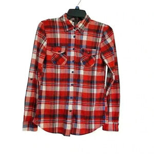 Rue 21 Small Red Plaid Shirt With Crochet Back Detail Long Sleeve Roll Up Sleeve